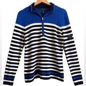 LAUREN RALPH LAUREN Preppy Classic Nautical Striped 1/4 Zip Pullover Sweater L